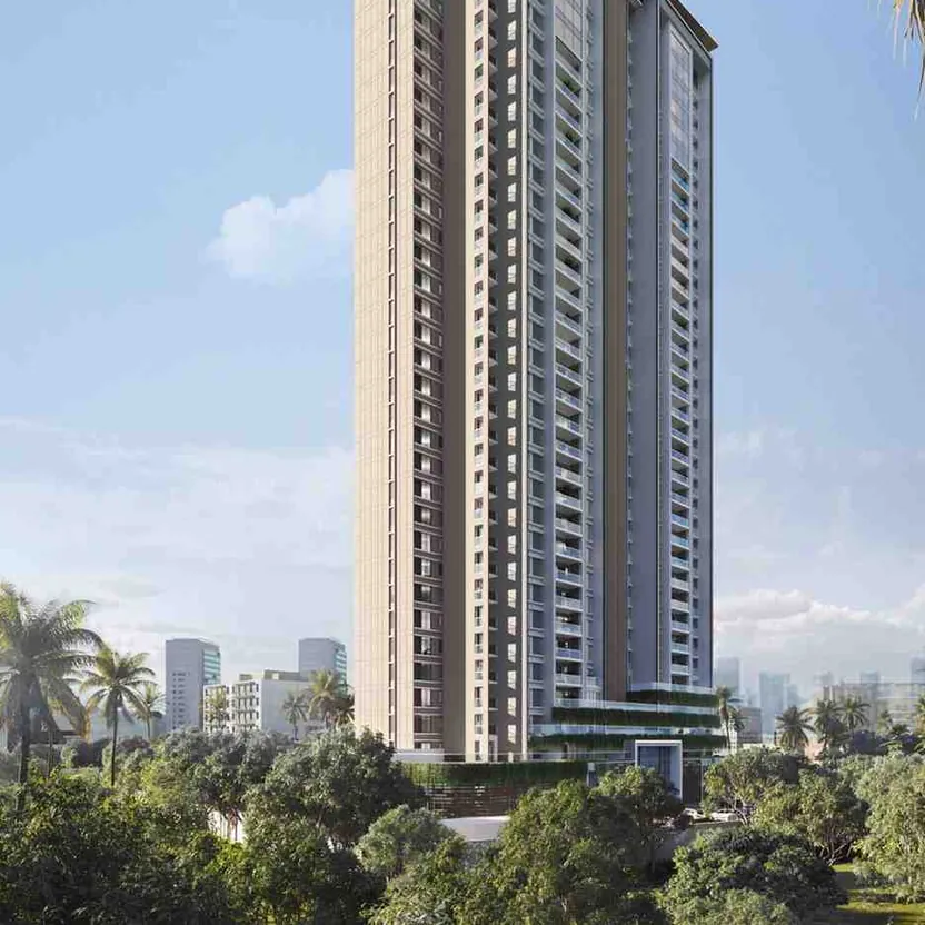 The tower among palms in daylight, its podium terraces planted with greens