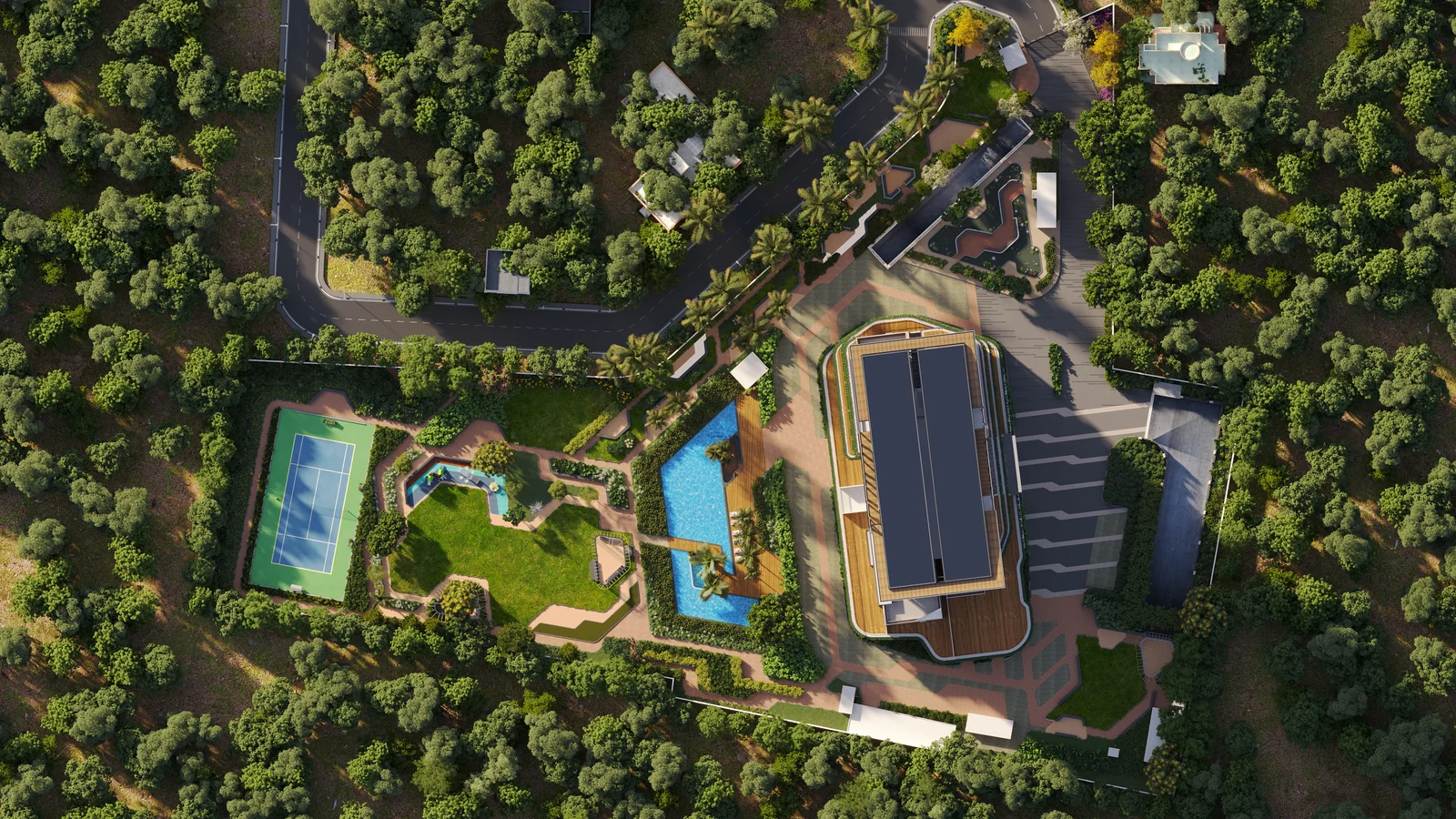 Aerial view of the Ayatana Residences site: the tower, the drop-off court, the pool, the lawns and a tennis court among trees
