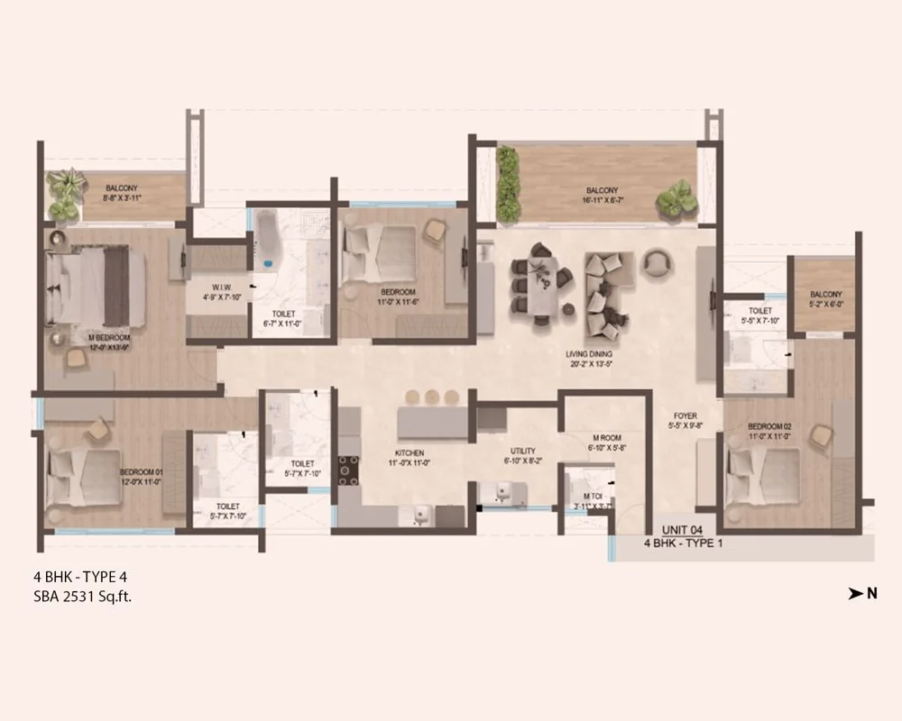 4 BHK floor plan with a foyer, a living and dining room, a kitchen and utility, four bedrooms, a maid’s room, four toilets and three balconies