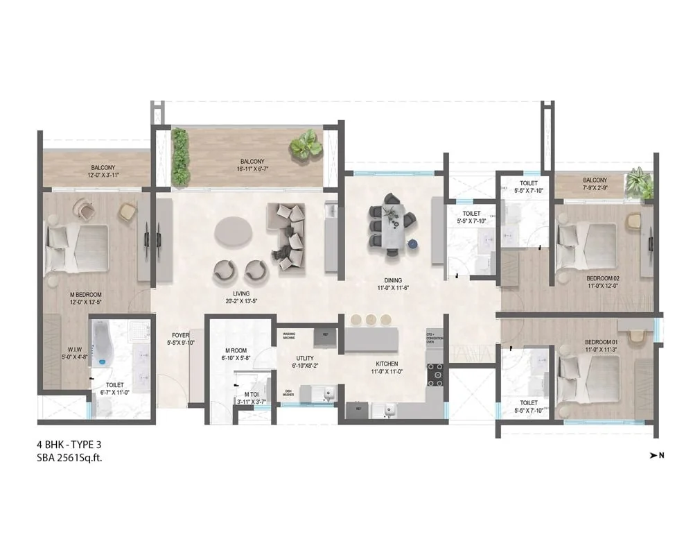 4 BHK floor plan drawn with a living room and a separate dining room, a kitchen and utility, three bedrooms, a maid’s room, four toilets and three balconies